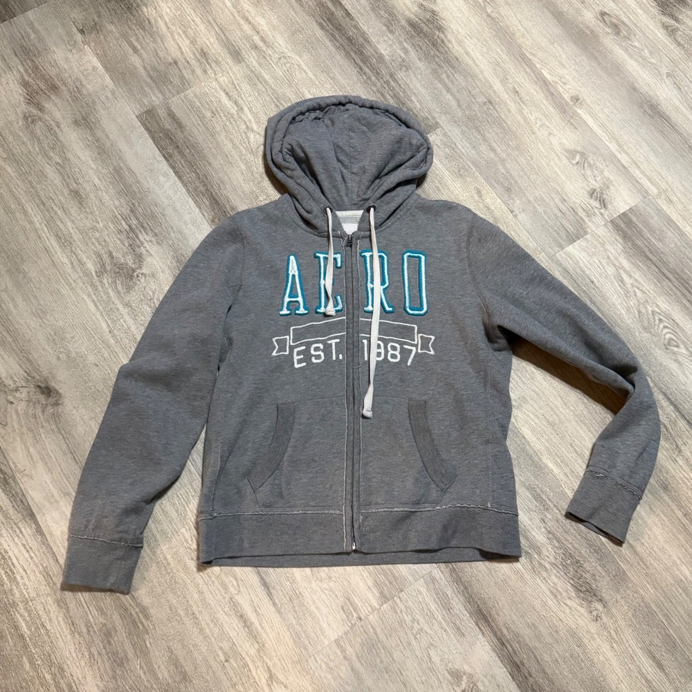 AERO EST 1987 Zip Up Hoodie Gray‎ Teal Logo Athletic Casual Women's Size L